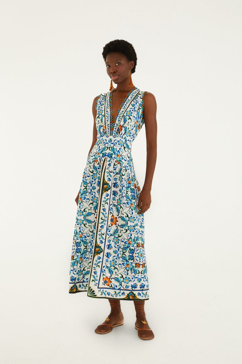 farm rio linen dress Farm Rio Flora Tile Off-White Midi Dress XS