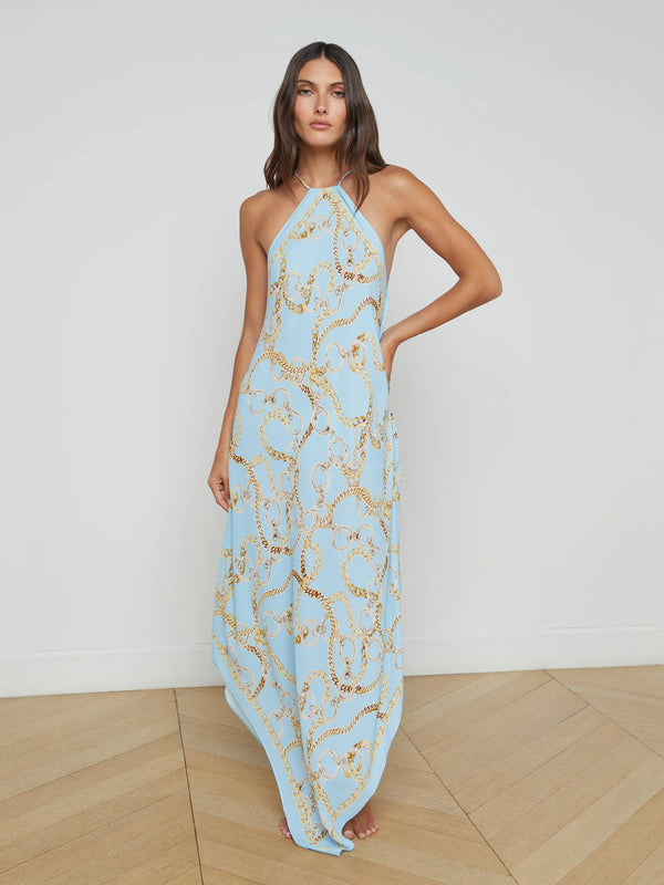 L'agence - Elise Halter Midi Dress - Sky Blue Multi Chain