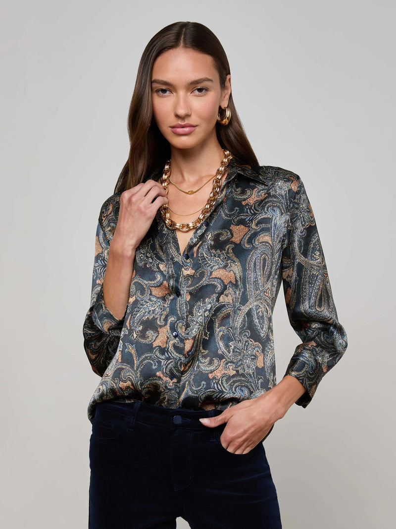 L'agence - Dani Silk Blouse - Midnight Multi Etched Paisley