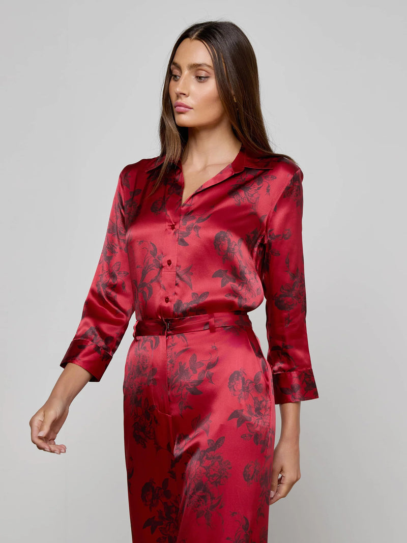 L'agence - Dani Silk Blouse - Burgundy Painterly Floral