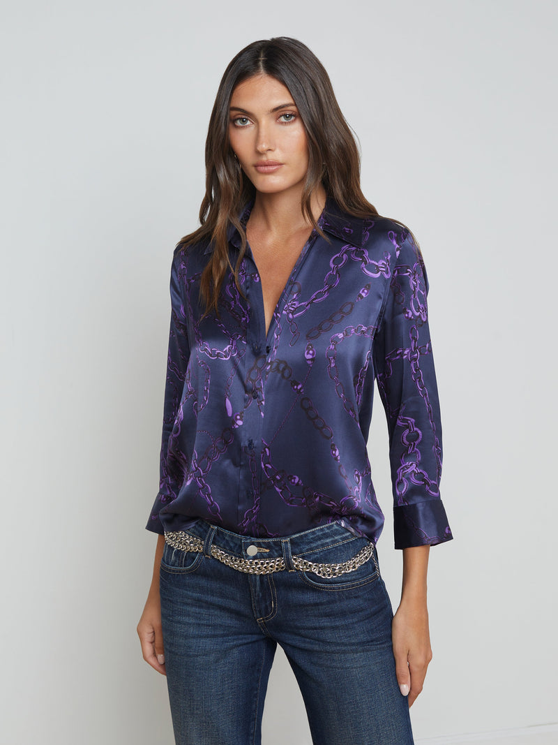 L’agence - Dani Silk Blouse - Midnight/Purple Sketch Chain