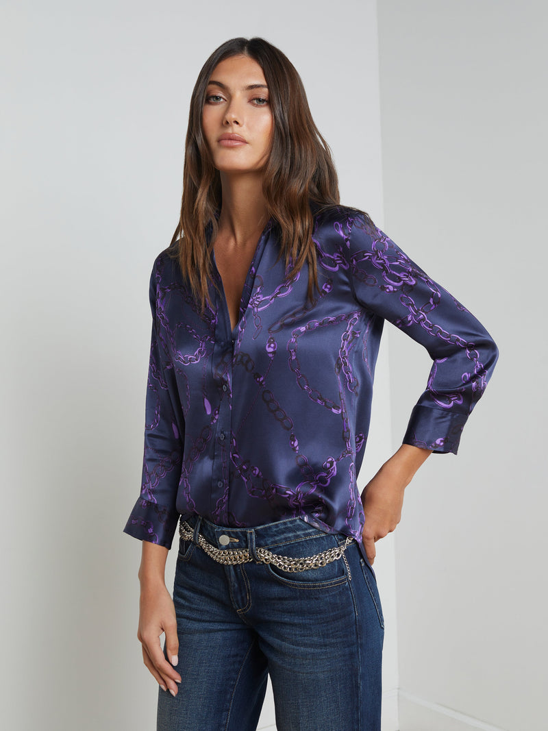 L’agence - Dani Silk Blouse - Midnight/Purple Sketch Chain