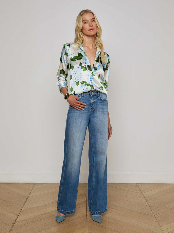 L'agence - Dani Silk Blouse - Ivory/Light Blue Hydrangea