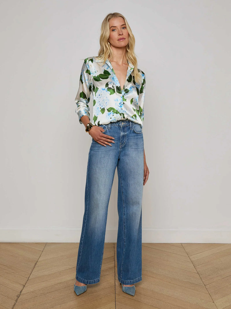 L'agence - Dani Silk Blouse - Ivory/Light Blue Hydrangea