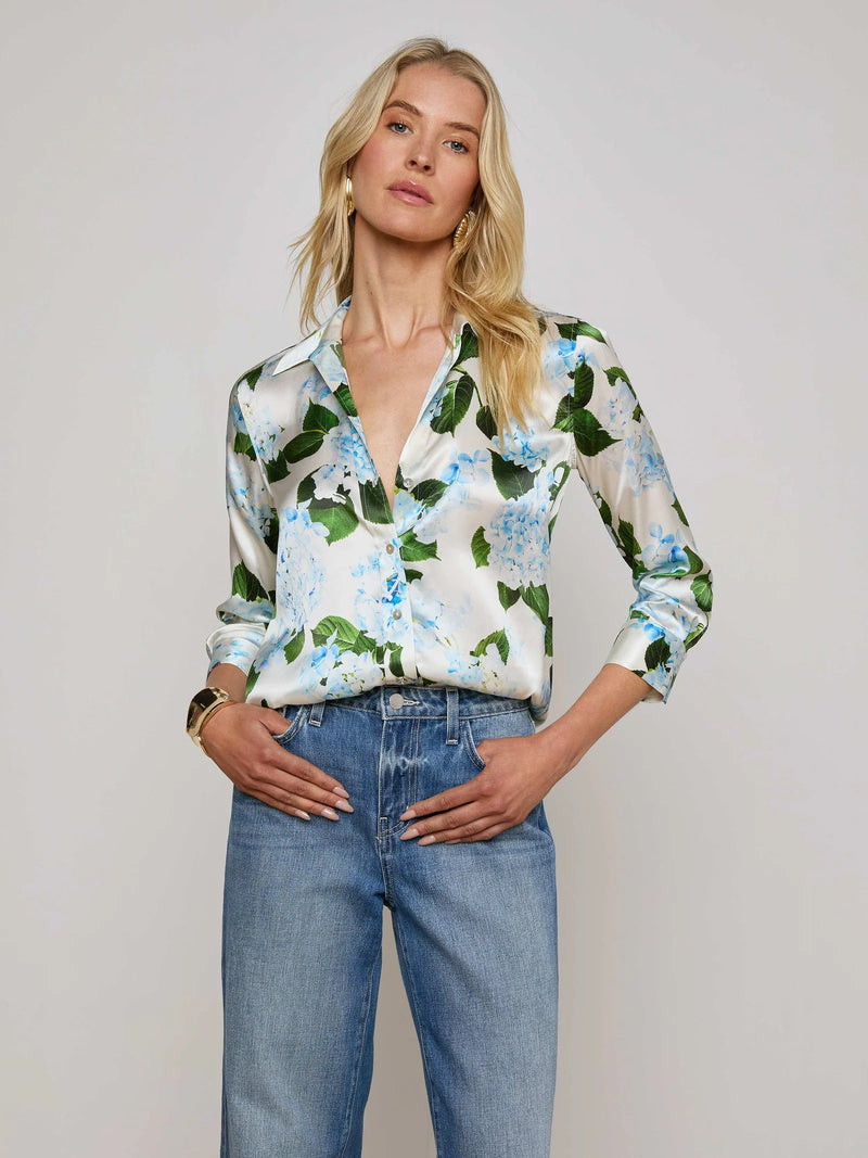 L'agence - Dani Silk Blouse - Ivory/Light Blue Hydrangea