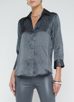 L’agence - Dani Silk Blouse - Grey/Ivory Pinstripe