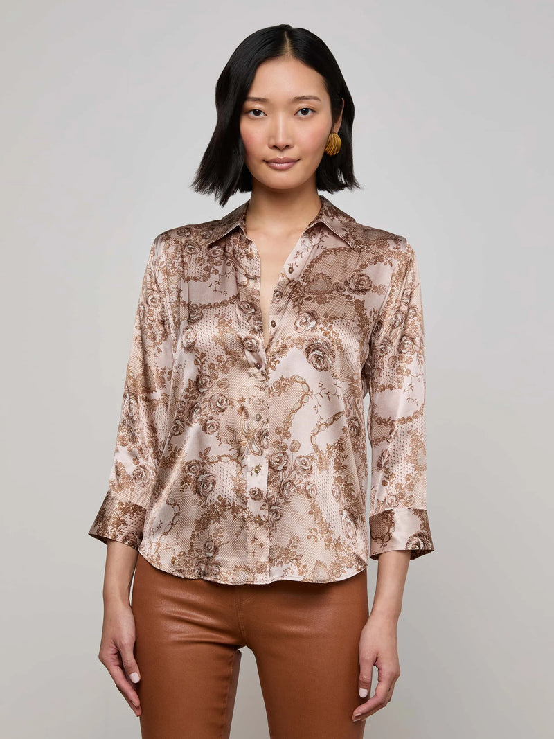 L'agence - Dani Silk Blouse - Toasted Almond Lace Print