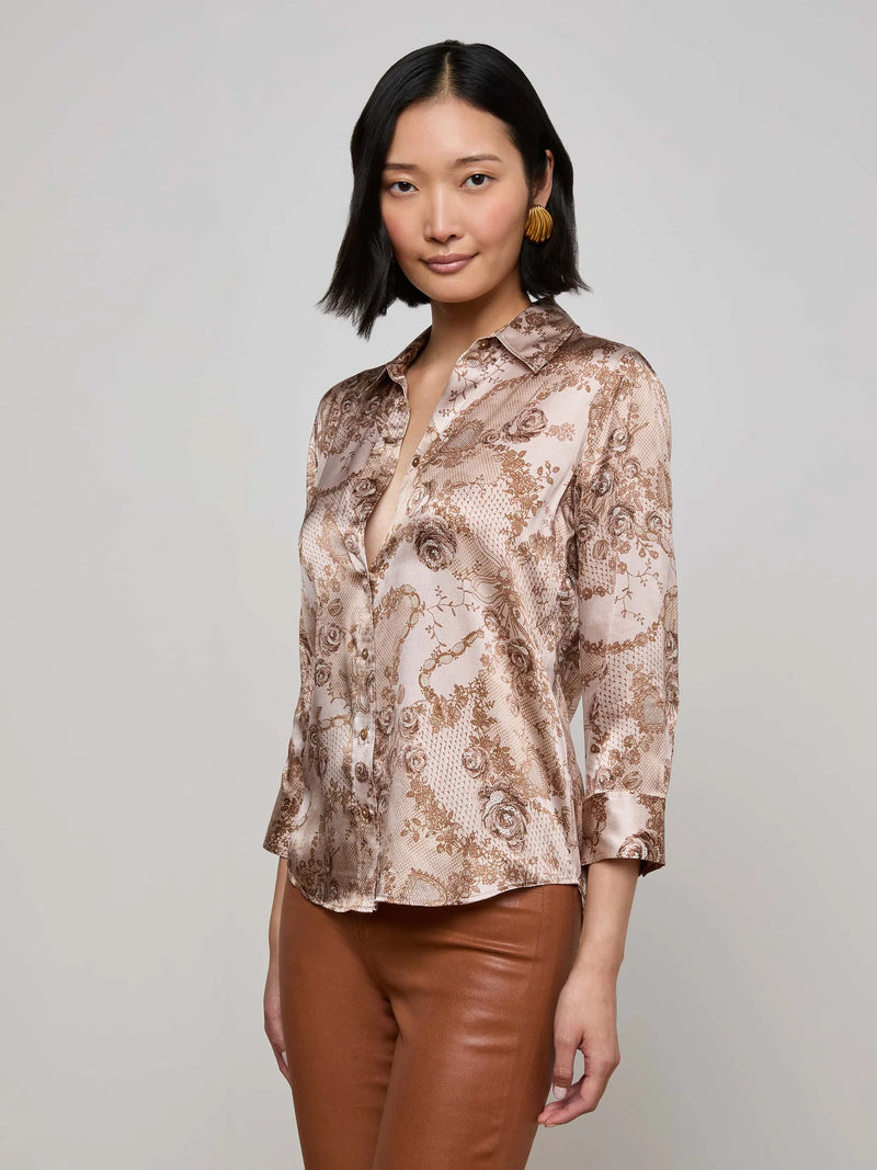 L'agence - Dani Silk Blouse - Toasted Almond Lace Print