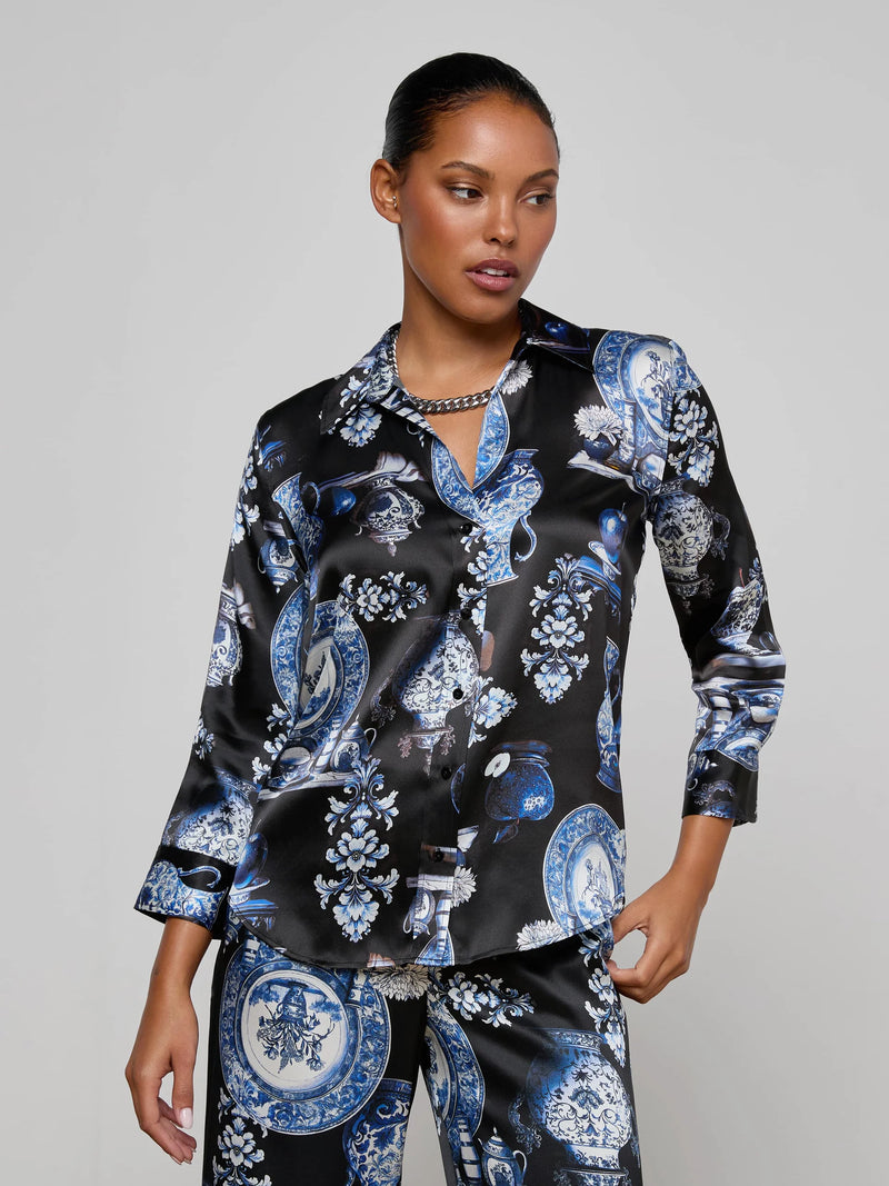 L'agence - Dani Silk Blouse - Black/Blue Porcelain Print