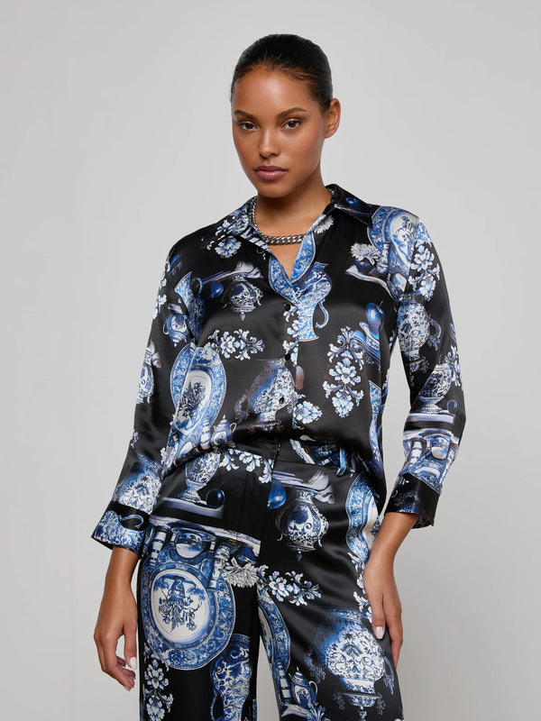 L'agence - Dani Silk Blouse - Black/Blue Porcelain Print