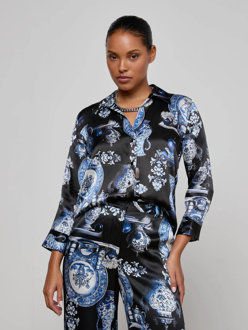 L'agence - Dani Silk Blouse - Black/Blue Porcelain Print