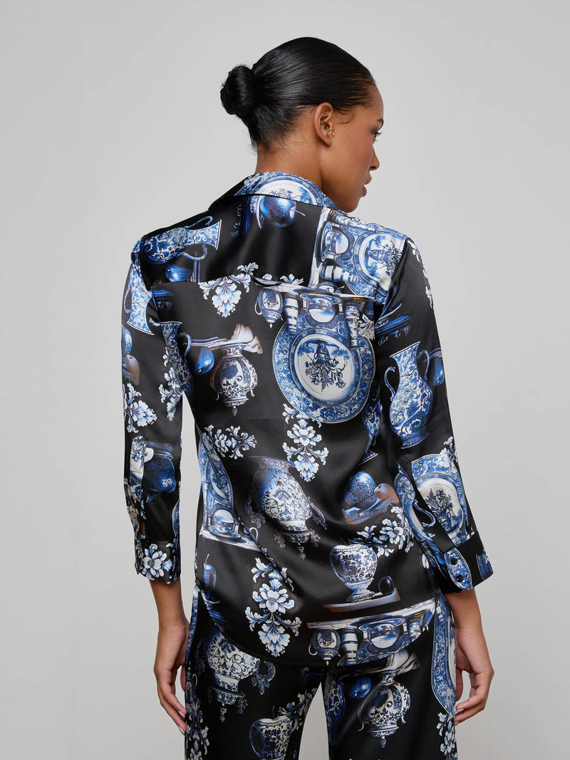 L'agence - Dani Silk Blouse - Black/Blue Porcelain Print