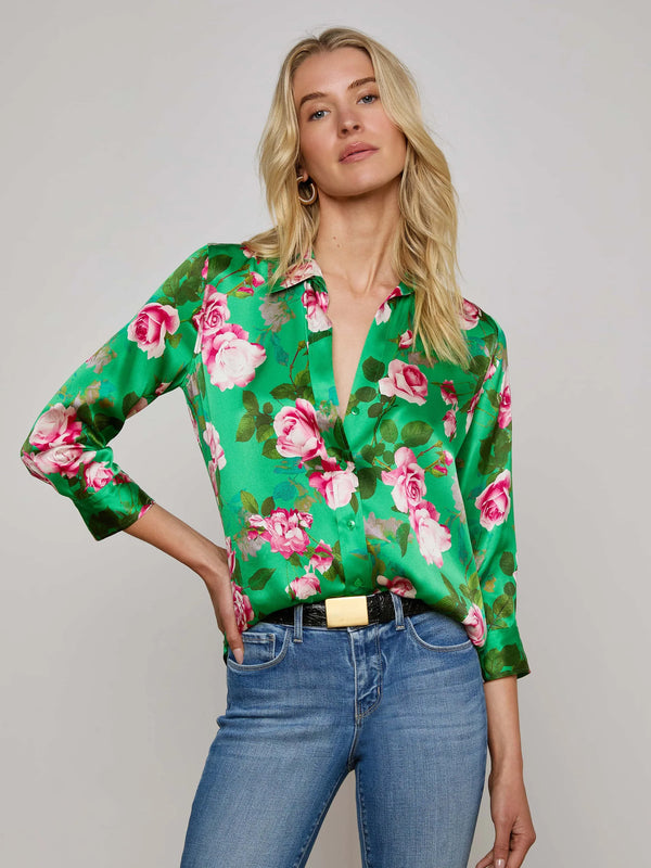 L'agence - Dani Silk Blouse - Green Multi Santa Fe Rose