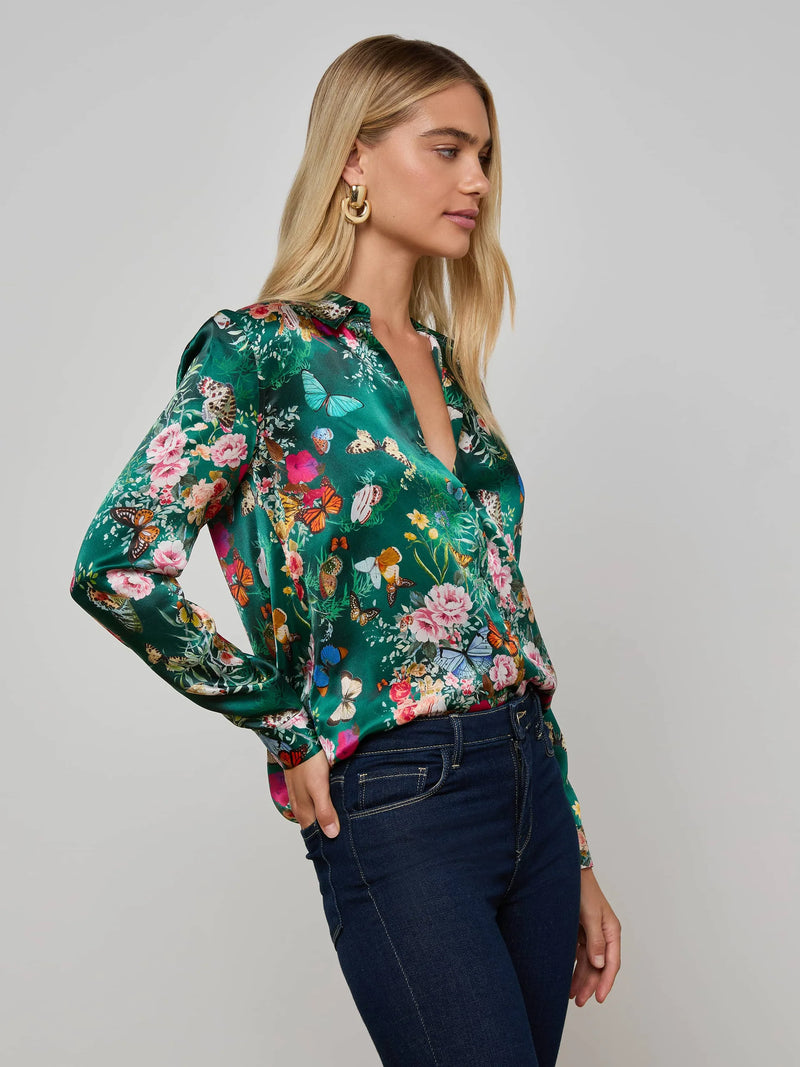 L'agence - Tyler Silk Blouse - Bottle Green Multi Charonda Butterfly