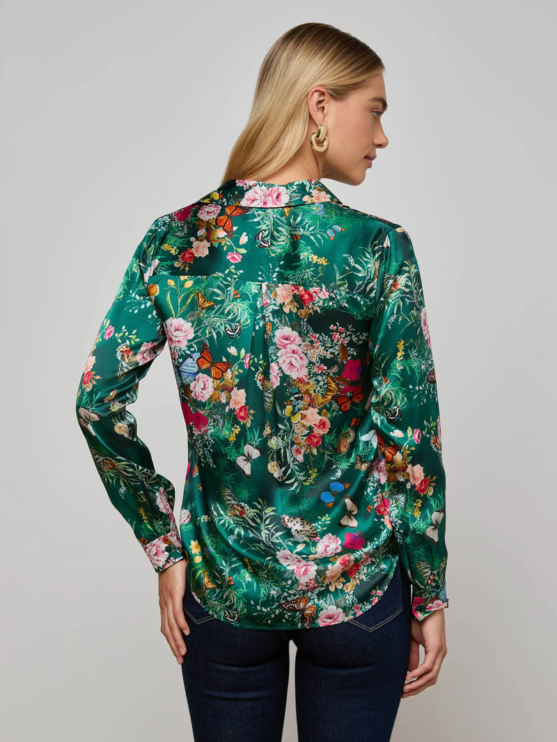 L'agence - Tyler Silk Blouse - Bottle Green Multi Charonda Butterfly