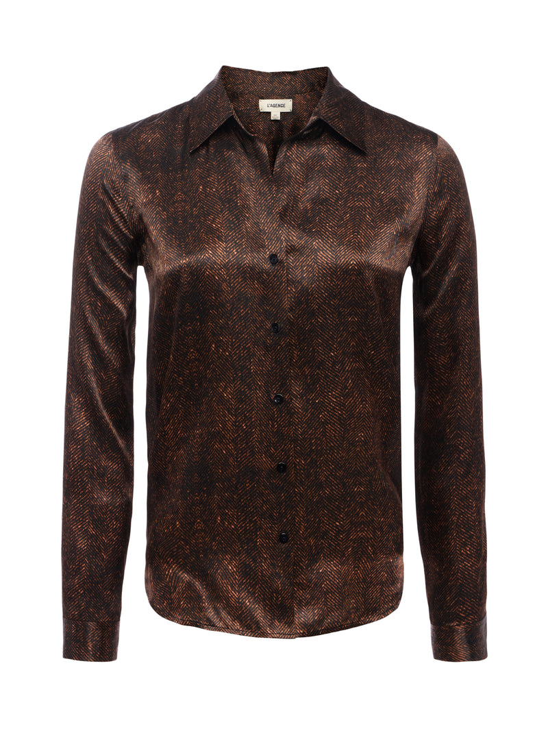 L'agence - Tyler Silk Blouse - Brown Herringbone Print