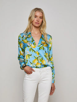 L'agence - Tyler Silk Blouse - Sky Blue/Yellow Floral Lemon
