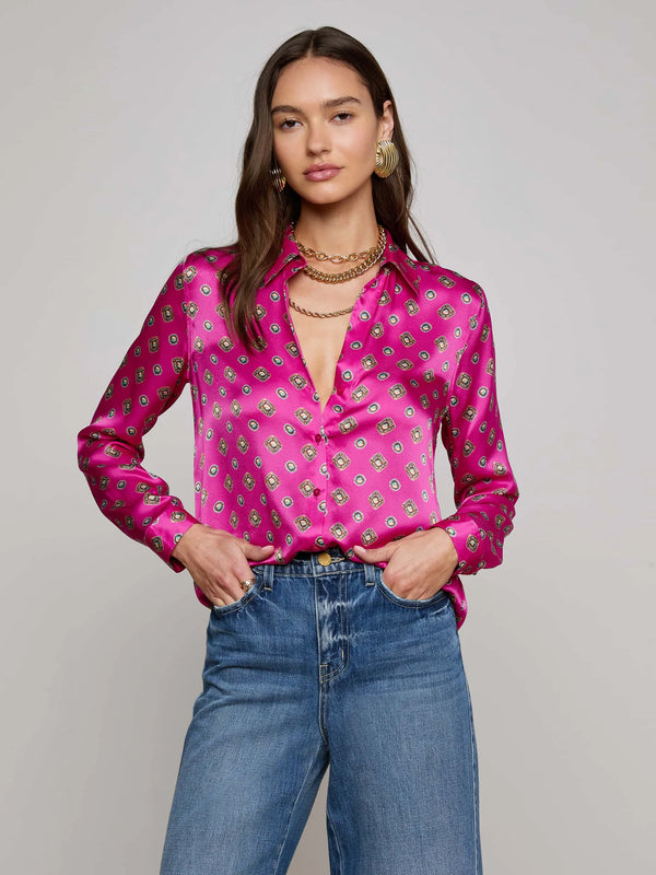 L'agence - Tyler Silk Blouse - Fuchsia/Turquoise Southwestern Geo