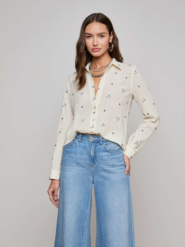 L'agence - Laurent Embroidered Blouse - Ecru/Blue Multi Flower Embroidery