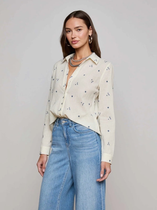L'agence - Laurent Embroidered Blouse - Ecru/Blue Multi Flower Embroidery