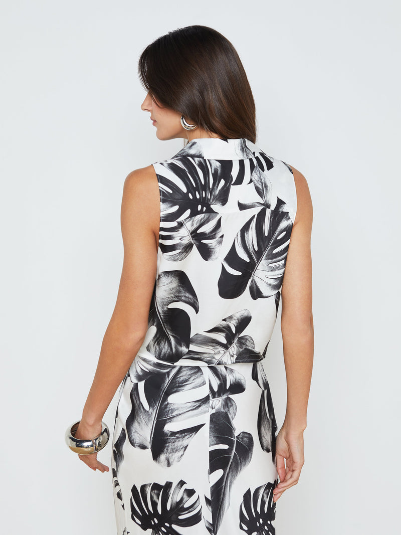 L’agence - Amos Tie Front Blouse - Black/White Palm Leaves