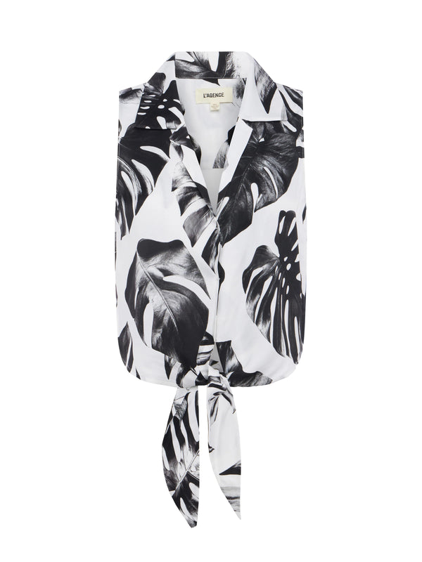 L’agence - Amos Tie Front Blouse - Black/White Palm Leaves