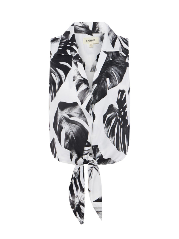 L’agence - Amos Tie Front Blouse - BLACK/WHITE PALM LEAVES