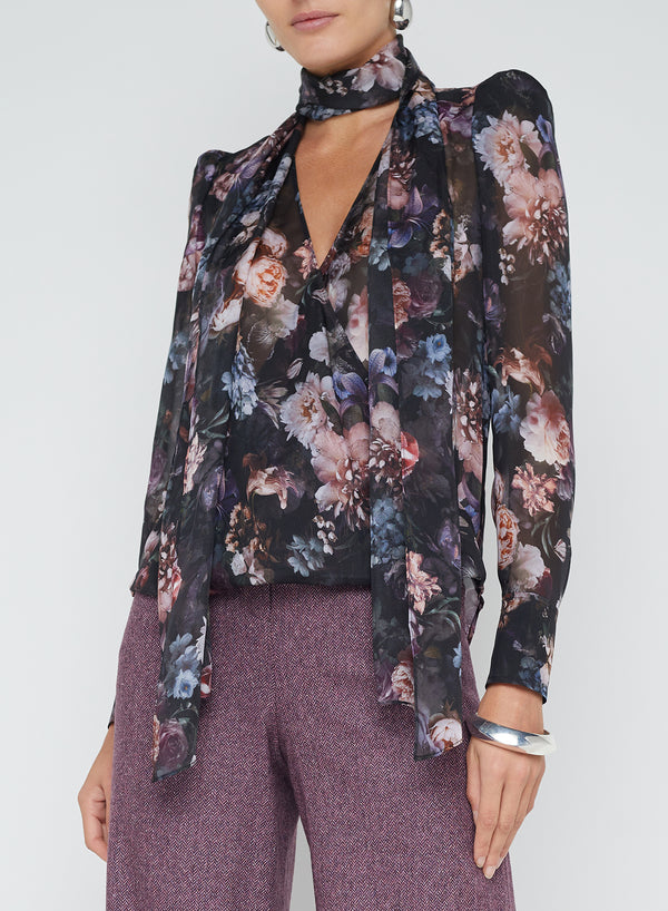 L’agence - Cambria Tie-Neck Blouse - Black Multi Vintage Oil Flower