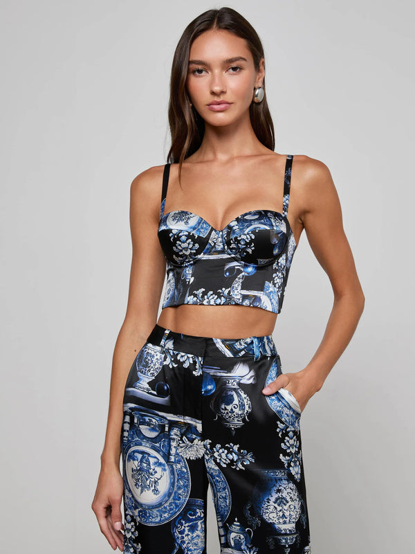 L'agence - Sonya Silk Bustier - Black/Blue Small Porcelain Print