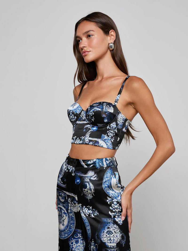 L'agence - Sonya Silk Bustier - Black/Blue Small Porcelain Print