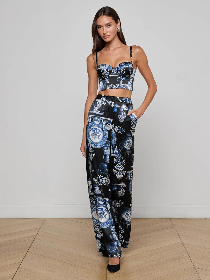 L'agence - Sonya Silk Bustier - Black/Blue Small Porcelain Print