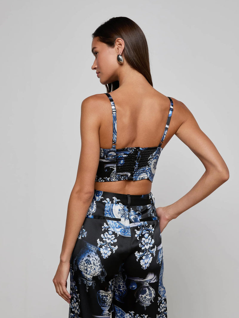 L'agence - Sonya Silk Bustier - Black/Blue Small Porcelain Print