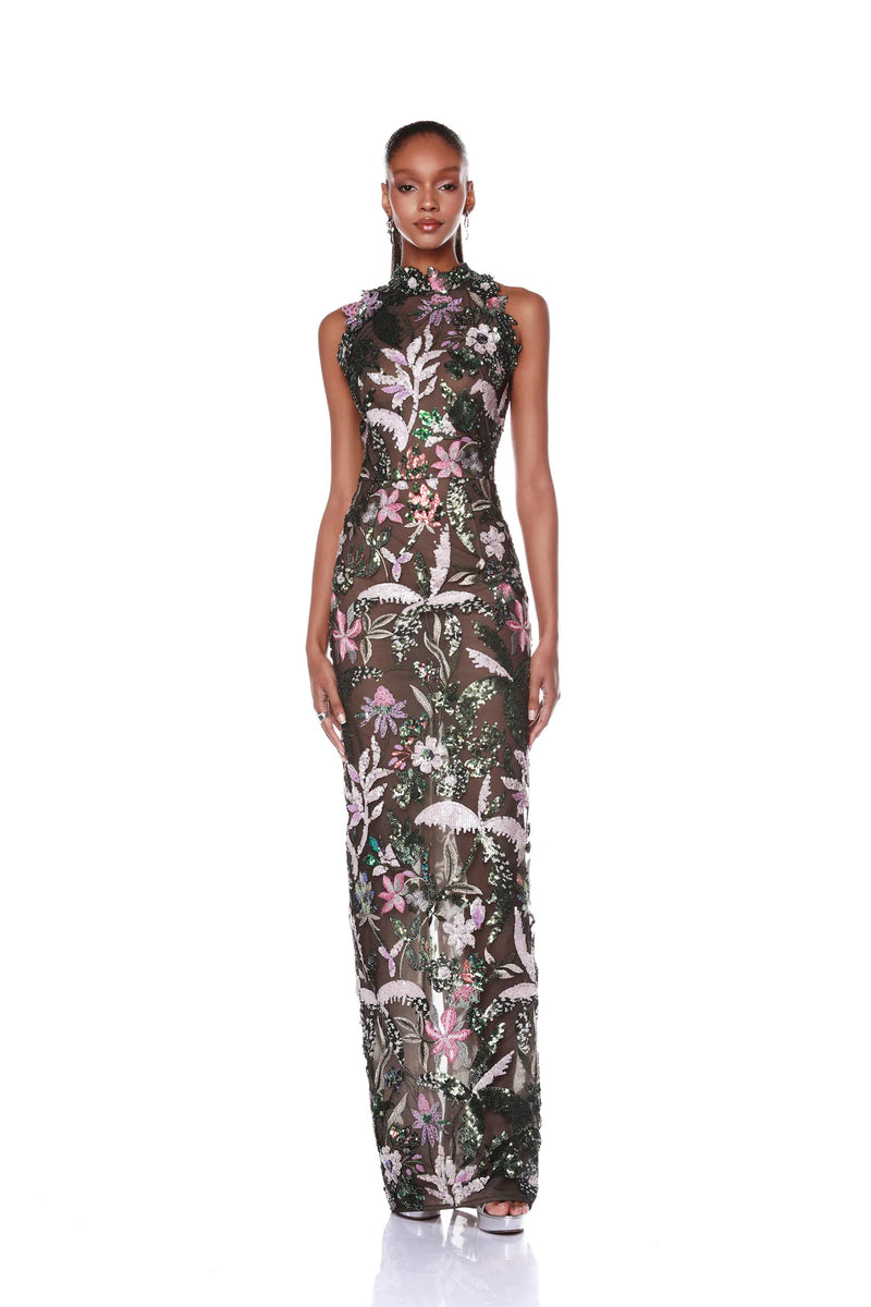 Bronx and Banco - Leona Embroidered Halterneck Gown - Silver Multi