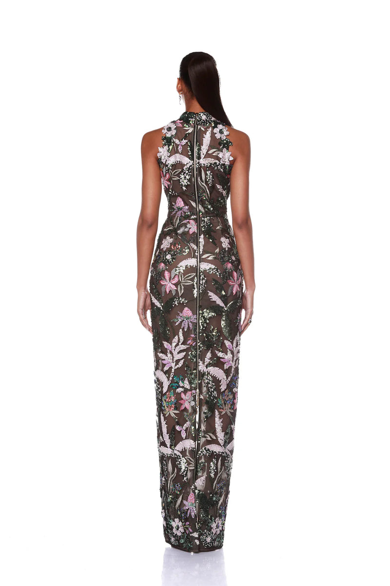 Bronx and Banco - Leona Embroidered Halterneck Gown - Silver Multi