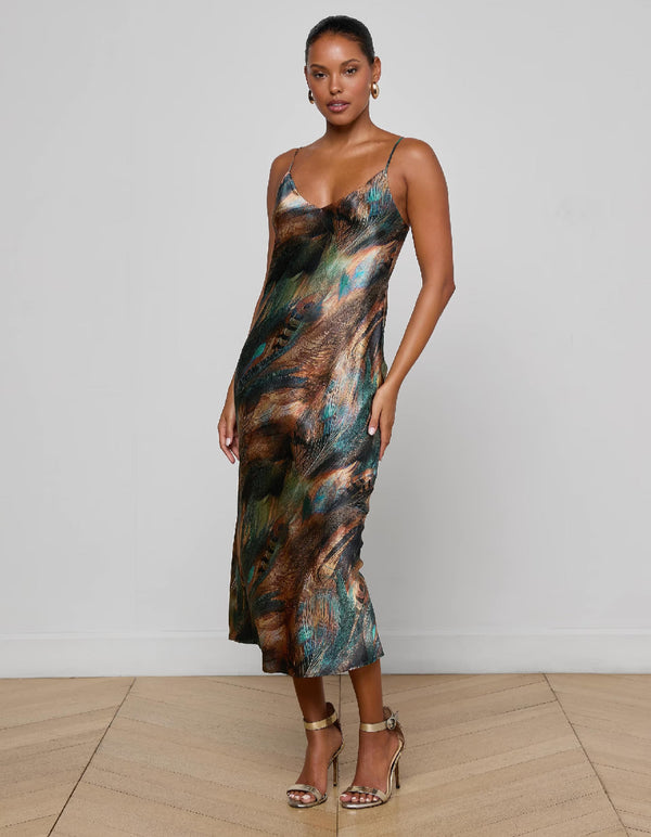 L'agence - Seridie Silk Slip Dress - Teal Multi Mix Feather