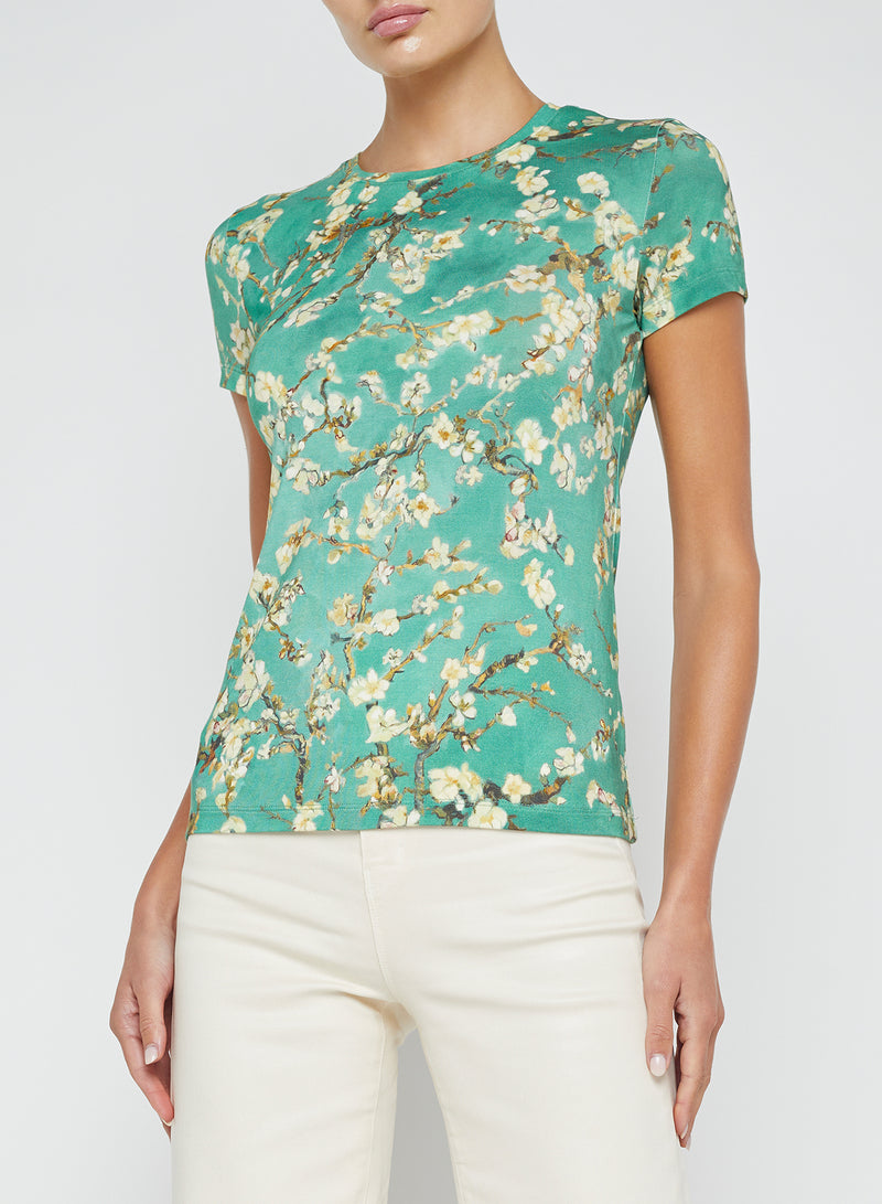 L’agence - Ressi Fitted Tee - Teal Multi Watercolor Cherry Blossom