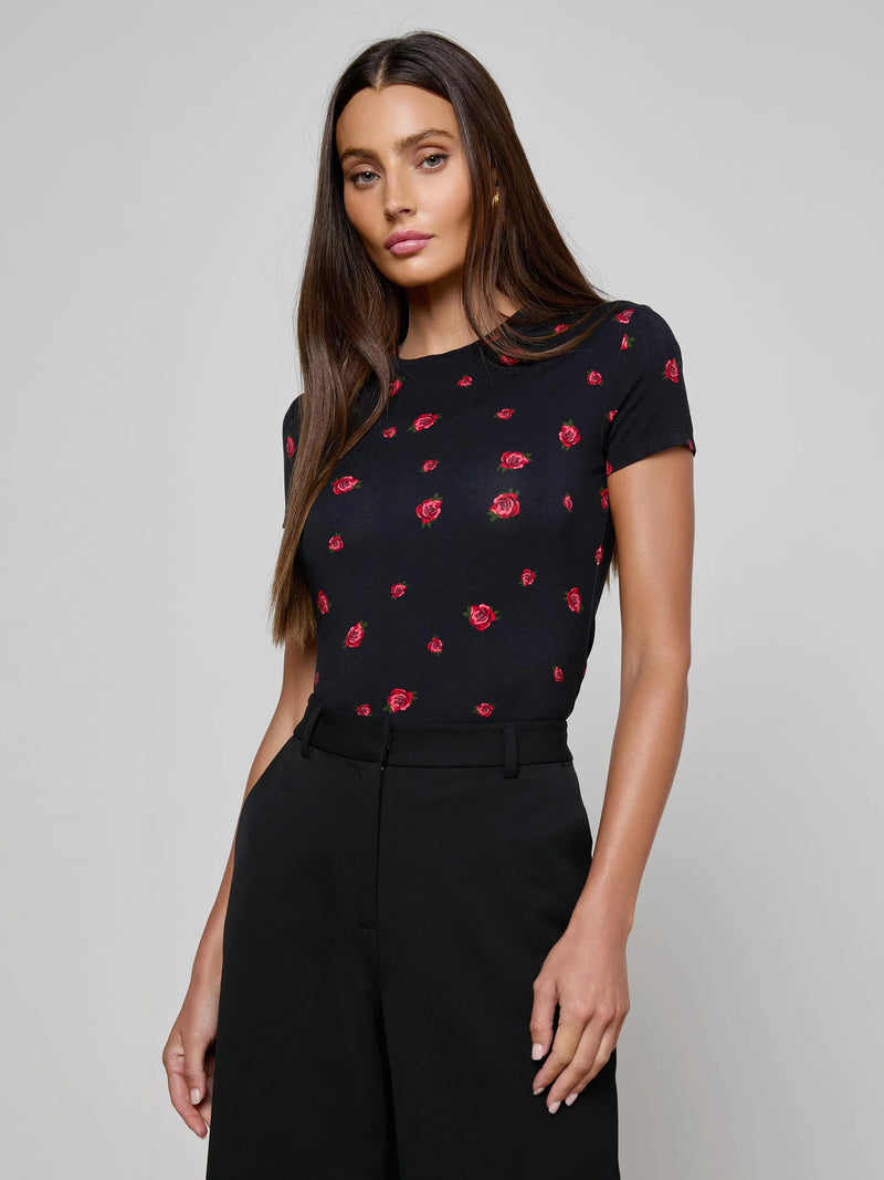 L'agence - Ressi Fitted Tee - Black/Red Rose Embroidery