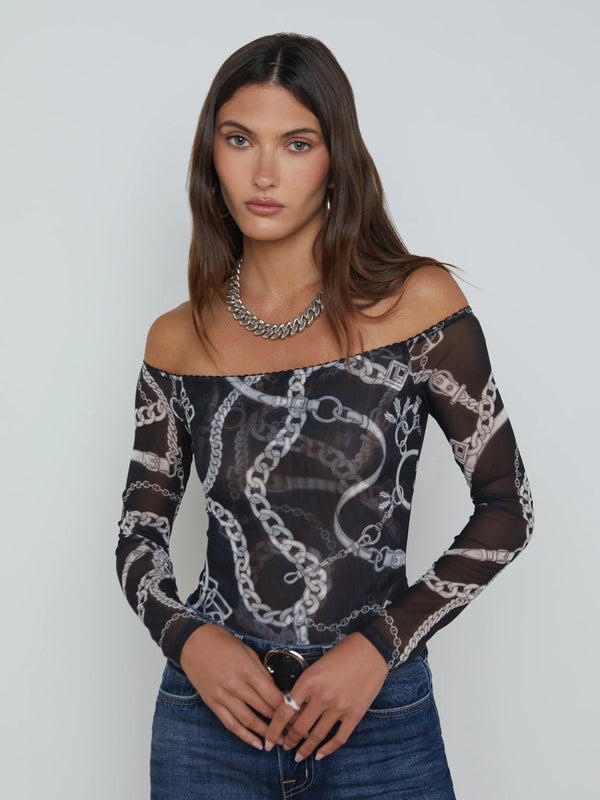 L’agence - Peonie Off the Shoulder Bodysuit - Black/White Buckle Chain