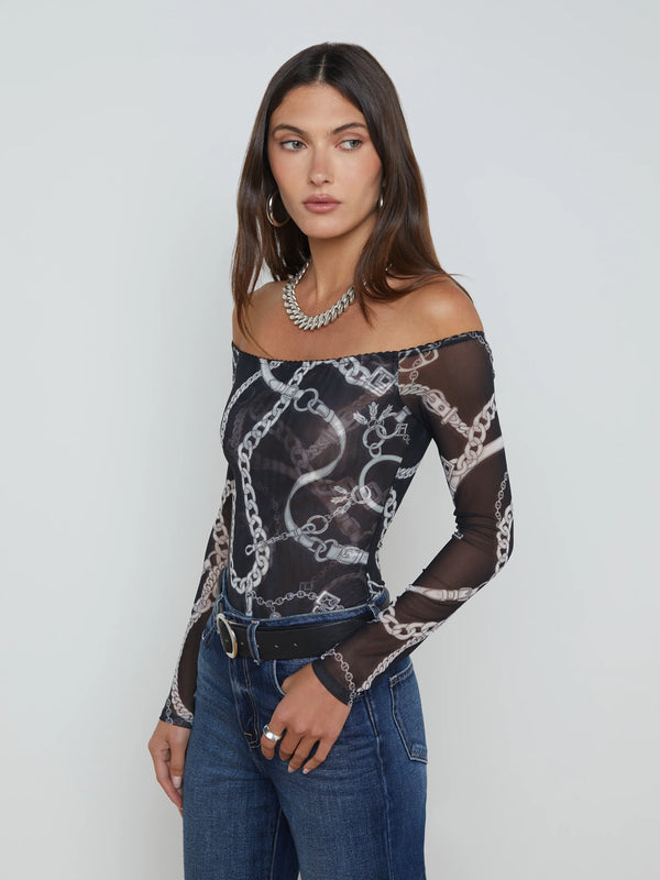 L’agence - Peonie Off the Shoulder Bodysuit - Black/White Buckle Chain