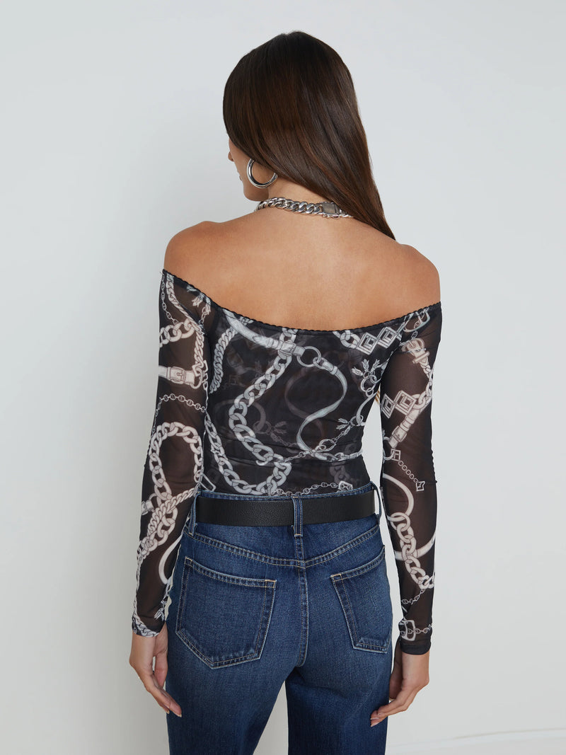 L’agence - Peonie Off the Shoulder Bodysuit - Black/White Buckle Chain