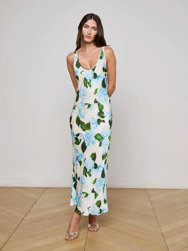 L'agence - Akiya Satin Maxi Dress - Ivory/Light Blue Large Hydrangea