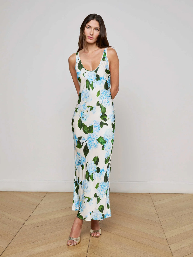 L'agence - Akiya Satin Maxi Dress - Ivory/Light Blue Large Hydrangea