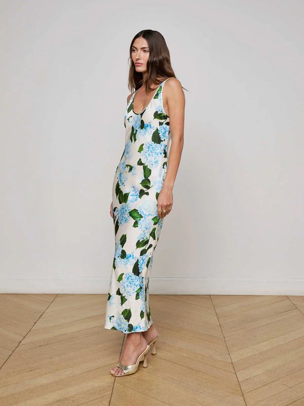 L'agence - Akiya Satin Maxi Dress - Ivory/Light Blue Large Hydrangea