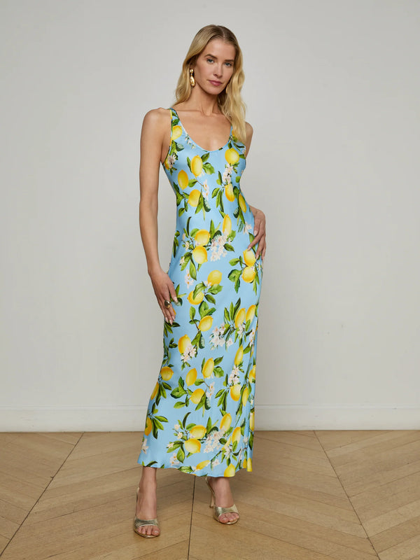 L'agence - Akiya Satin Maxi Dress - Sky Blue/Yellow Floral Lemon
