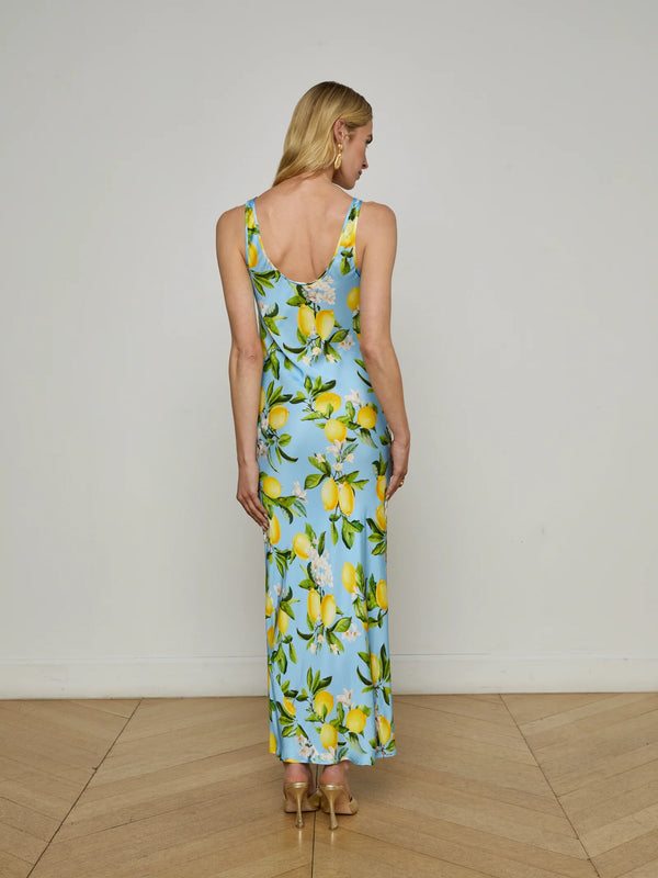 L'agence - Akiya Satin Maxi Dress - Sky Blue/Yellow Floral Lemon