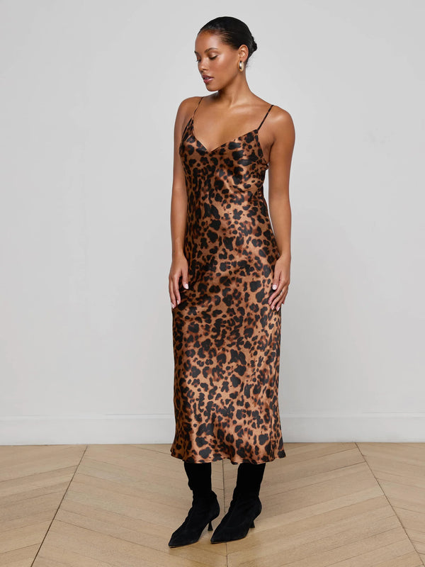 L'agence - Seridie Silk Slip Dress - Brown Multi Amur Leopard