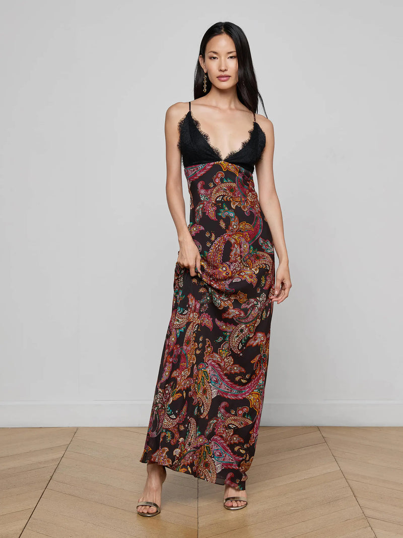 L'agence - Susanna Silk Lace Gown - Black Multi Paisley Scroll