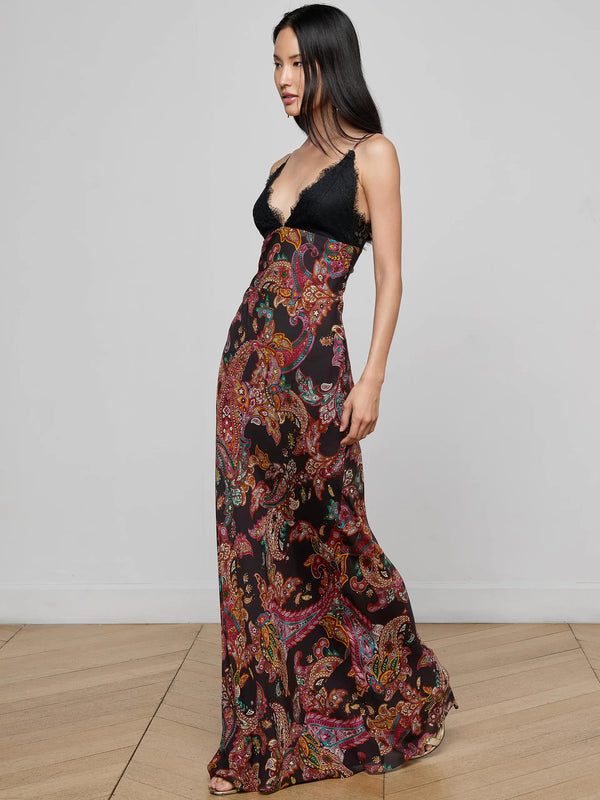L'agence - Susanna Silk Lace Gown - Black Multi Paisley Scroll