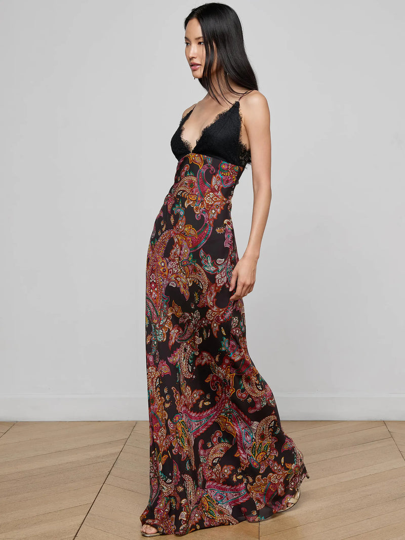 L'agence - Susanna Silk Lace Gown - Black Multi Paisley Scroll