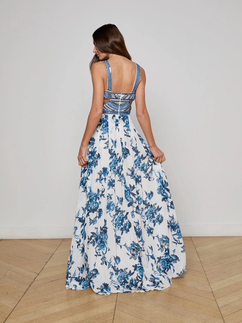 L'agence - Annistyn Embellished Floral Gown - White/Blue Painterly Floral